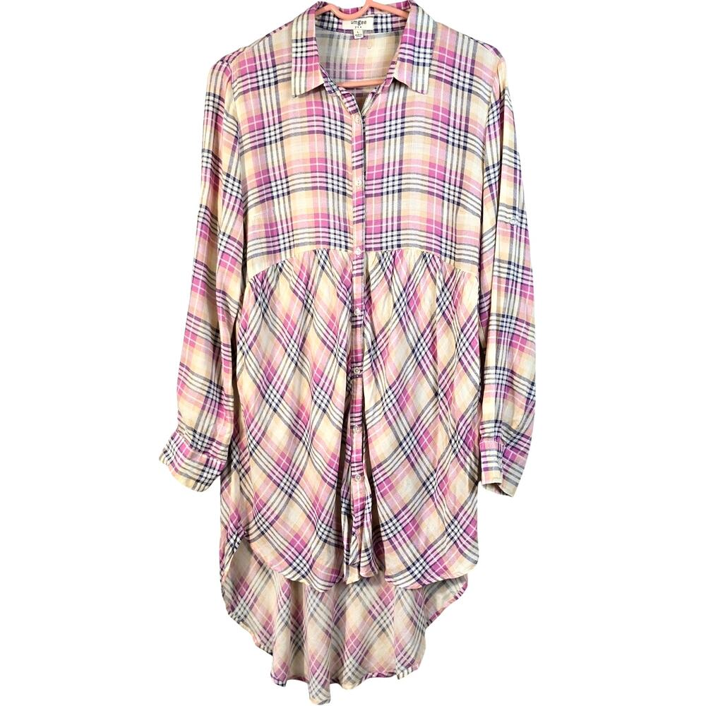 Umgee Tunic Top Womens L Pink Pastel Plaid Hi Low Hem Boho Casual Feminine Beach